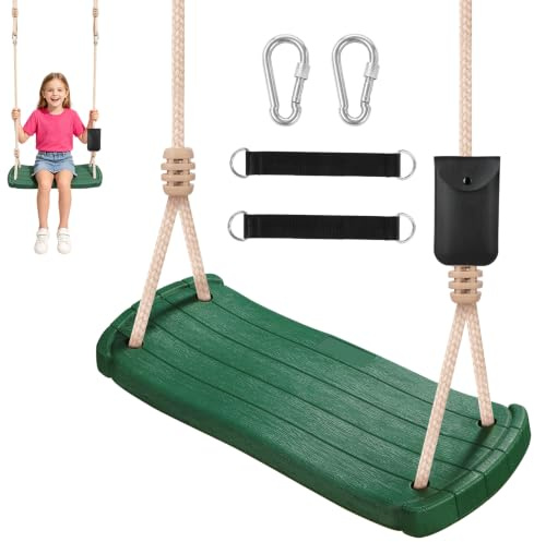 Hryniiex Schaukel Kinder,120 KG Schaukelsitz Outdoor für Spielplatz,Grün | Gartenschaukel mit Verstellbar 140-180cm Seil mit kleiner Tasche, Baumgurten und Karabinern