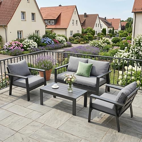 Atenza Gartenmöbel Set, Aluminium Balkonmöbel Set, 2-Sitzer Sofa, 2 x Sessel, 1 x Couchtisch, Kissen & Sitzkissen, Wetterfest Terrassenmöbel Set für Garten Balkon Terrasse (Grau)