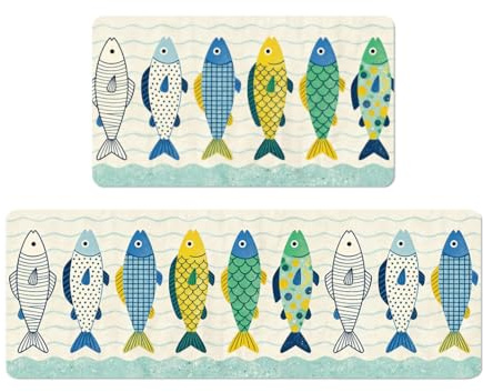 Hobbspring 2 Stücke Küchenmatten Set Fisch Druck Lustige Gummi Teppiche für Badezimmer Küche Läuferteppich rutschfest für Innen Eingangsbereich Flur Boden Deko 43x76-120cm Grün Gelb
