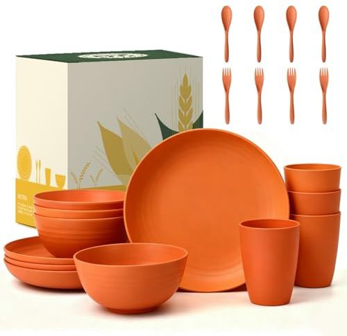 Wrova Reusable Dinner Set with Knife, Fork 20 Piece Plate Sets for 4 | Unbreakable Plastic Plates and Bowls Set - Microwave and Dishwasher Safe, Lightweight Cutlery Set for Picnic, Travel - Orange