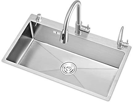 LMYSXAOZ Évier de Cuisine Haut de Gamme en Acier Inoxydable SUS304, à Montage sur Plan, à Une cuve, avec Poubelle et crépine sous Plan de Travail. Design Haut de Gamme Fait Main.