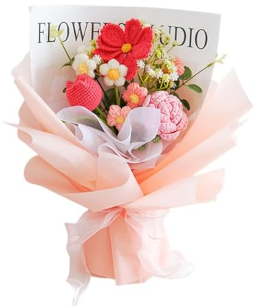 Gestrickte Wollblumenstrauß, Handgemachter Blumenstrauß, Ideal als Muttertagsgeschenk, Geburtstagsgeschenk und Valentinstagsgeschenk für Frauen (rot-orange)