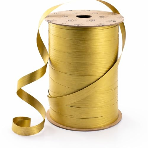 Geschenkband Ringelband 10mm x 250m Rolle mit Struktur matt - Dekoband aus Kunststoff - geprägtes Polyband - Schleifenband zum Basteln von Schleifen und Luftballons - Gold metallic