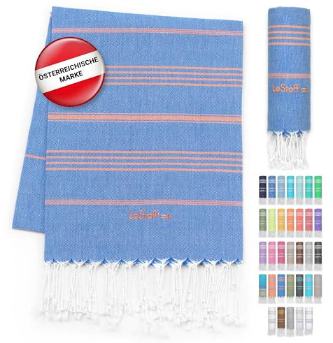 LeStoff Hamamtuch - 100% Bio-Baumwolle, 95 x 180 cm, Vorgewaschen, Saugstark, Schnelltrocknend, Leicht, Kompakt, Sporthandtuch, Fitness Handtuch, Yoga Handtuch, Handtuch groß (Sky Blue - Orange)
