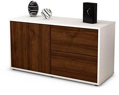 Stil.Zeit TV Schrank Lowboard Adria, Korpus Weiss matt, Front Holz Design Walnuss (92x49x35cm), Push to Open Technik & Leichtlaufschienen
