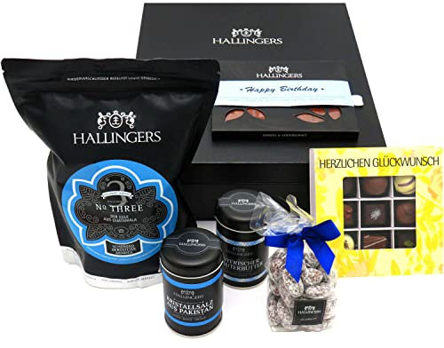 Hallingers Happy Birthday Blue - Gourmet Geschenk-Set in edler Box als Geschenkkorb zum Geburtstag (Box) - Geschenk im Sommer & als perfektes Grillgeschenk | Geburtstag Glückwunsch Danke Jahrestag Glü