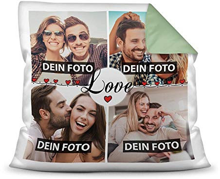 PR Print Royal Kissen mit Füllung - Fotocollage selbst gestalten mit Spruch - Love - mit Vier eigenen Fotos - Geschenkidee Fotokissen - Farbkissen Rückseite Seegrün
