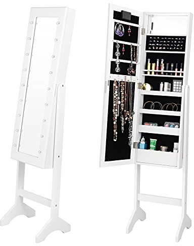 DREAMADE Schmuckschrank mit Ganzkörperspiegel & LED-Beleuchtung, Schmuckregal mit Verstellbarem Neigungswinkel, Spiegelschrank für Ohrringe, Halsketten, Kosmetika usw. (Weiß)