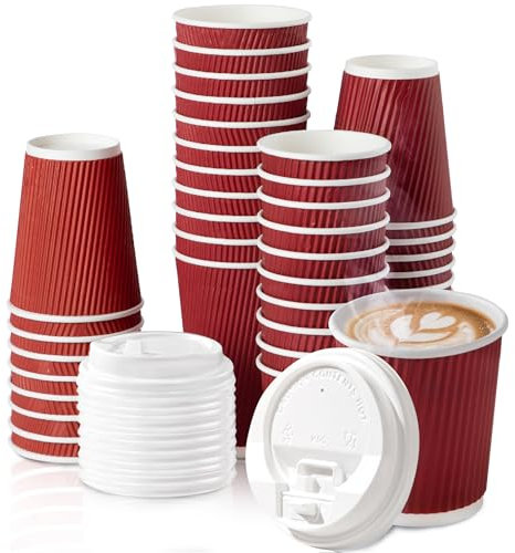 [50 Pack] Disposable Coffee Cups with Lids - 8 oz Dark Red Double Wall Ripple Sleeves Insulated Coffee Cups with White Dome Lid - Kraft Paper Cups for To Go Chocolate, Tea, and Cocoa Drinks