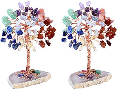 Jovivi 2 Stück Mini Kristallbäume mit Achat Base Geldbaum Trommelsteine Wire Wrap Lebensbaum Glücksbaum Feng Shui Dekoration