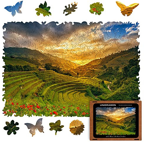UNIDRAGON Original Wooden Jigsaw Puzzles - Nature Rice Fields, 125 pcs, Small 9x6.2, Beautiful Gift Package, Unique Shape Best Gift for Adults and Kids