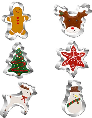 Moldes Galletas Navidad- 6 Piezas de Cortador Galletas de Acero Inoxidable para Árbol de Navidad, Muñeco de Nieve, Hombre de Jengibre, Copo de Nieve, Reno y Cara de Reno