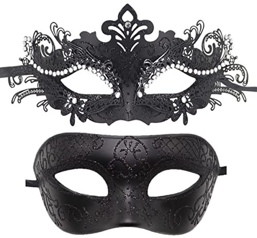 Coolwife Maskerade Masken für Paare, Metall, venezianisch, Mardi Gras, Party, Abend, Abschlussball, Kostüm, Maske, C Schwarz, Einheitsgröße