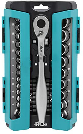 HB 120-Tooth 1/4 & 1/2 Inch Drive Reversible & Sealed Head Ratchet Handle 41 Pieces Socket Set, Extension Bar with hex Head, Torx/PZ/PH/SL/HEX bit, Made in Taiwan AKM008-G