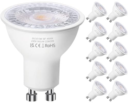 Belns Melns GU10 LED Kaltweiss 6500K, Ersatz 50 Watt Halogen, 5W Leuchtmittel LED GU10, 350 Lumen 6500K Kaltweiß 38° Strahlwinkel, 10 Stück