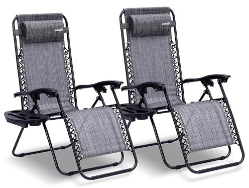 SereneLife Liegestuhl Klappbar, Relaxliege 2er Set Grau als Gartenmöbel zum Relaxen & Liegen, Sonnenstuhl für Balkon, Garten, Terrasse & Camping mit Seitentisch, Kopfkissen & Getränkehalter