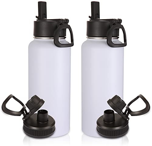 Volhoply 1 Litre Water Bottles Bulk 2 Pack with Straw Lid & Spout Lid,Insulated Sports Water Bottle,Double Wall Vacuum Stainless Steel Tumbler,Leak Proof Wide Mouth Metal Flask for Travel(White,2)