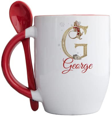 Personalised Red Handle Mug with spoon, Christmas Alphabet with Sleepy Mouse design, gold Initial hot chocolate, Cute Xmas mug