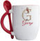 Personalised Red Handle Mug with spoon, Christmas Alphabet with Sleepy Mouse design, gold Initial hot chocolate, Cute Xmas mug