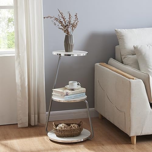 [en.casa] Beistelltisch Sipoo 3 Ebenen 3-stufiger Sofatisch Kaffetisch Couchtisch mit 3 Ablageflächen 74x46x37cm Marmoroptik Weiß