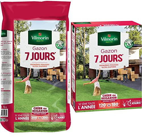 VILMORIN - Gazon 7 jours - Premières pousses dès 1 semaine - Pour créer un nouveau gazon/regarnir un gazon ancien - Se sème toute l'année, Vert, 5 kg & 4460715 Gazon 7 Jours, Vert, 3 kg