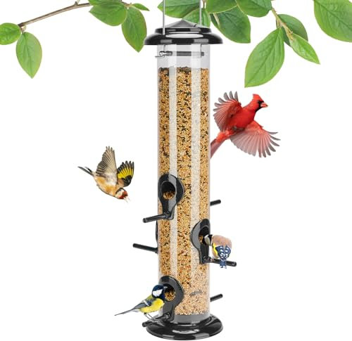 Kingsyard Metal Bird Feeders for Outdoors Hanging, Tube Bird Feeder with 6 Feeding Ports, 15 Inch, Chew-Proof & Weatherproof, Black