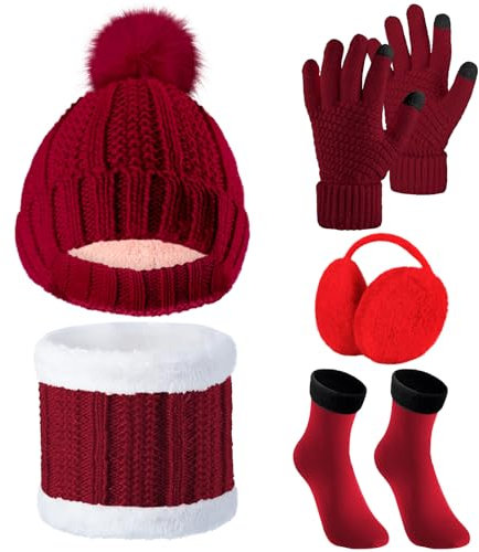 SATINIOR 5 Stück Damen Winter Ski Ausflug Set Strickmütze Schal Handschuhe Ohrenschützer Strümpfe (Weinrot)