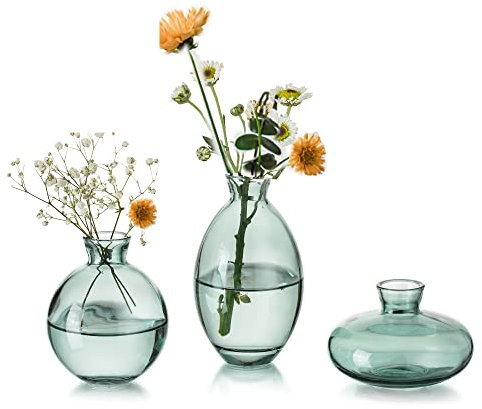 EylKoi Kleine Vasen füR Tischdeko Glas 3 Stück/Satz Grün Mini Vase Vintage Handmade Hydroponic Glasvase Blumenvase Modern Set Fuer Hochzeit Tischdeko, Zuhause Wohnzimmer Blumen Rose