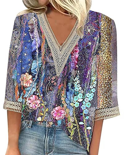 Chemise Lin Coton Femme Col Claudine - Blouse Or Transparent Dentelle Fleurie - Tee-Shirt Manches 3/4 St Patricks Day - Crop Top Été