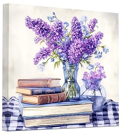 CCWACPP Lavender Flower Canvas Wall Art Purple Floral Picture Rustic Plant Painting Poster Farmhouse Bathroom Decor Frame (Floral - 2, 12x12inch)