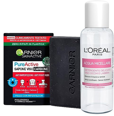Garnier SkinActive Pure Active Gesichtsseife Kohle gegen Unvollkommenheiten und Mitesser mit Salicylsäure Seife 100 g + Micellares Wasser mildes Reinigungsmittel für Gesicht, Augen, Lippen,