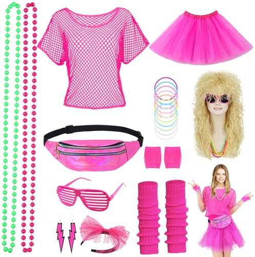 80er 90er Jahre Outfit Damen 80 Jahre Kostüm Zubehör Set Retro Neon Kostüm Party 80er Jahre Kleidung Frauen Set für Karneval Bad Taste Mottoparty mit 80er 90er Perücke Blond Netzshirt Rosa 054R