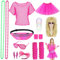 80er 90er Jahre Outfit Damen 80 Jahre Kostüm Zubehör Set Retro Neon Kostüm Party 80er Jahre Kleidung Frauen Set für Karneval Bad Taste Mottoparty mit 80er 90er Perücke Blond Netzshirt Rosa 054R