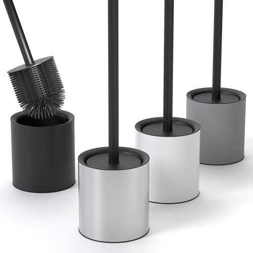 SAVEGA - Klobürste Silikon Edelstahl - Antibakterielle Toilettenbürste mit stilvollem WC Bürstenhalter - Design WC Bürste Silikon mit Spritzschutz - Klobesen - Toilet Brush (Silber)