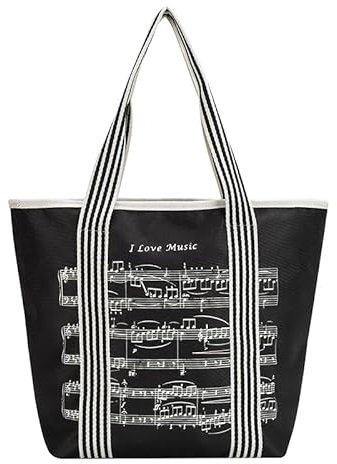 HilerPunk Damen Umhängetasche Handtasche,Musik Note Tote Bag, 600D Waterproof Nylon Cloth Reusable Shopping Bags,Musik Programm Tote Bag mit hoher Note Reißverschluss Reisetasche-Schwarz
