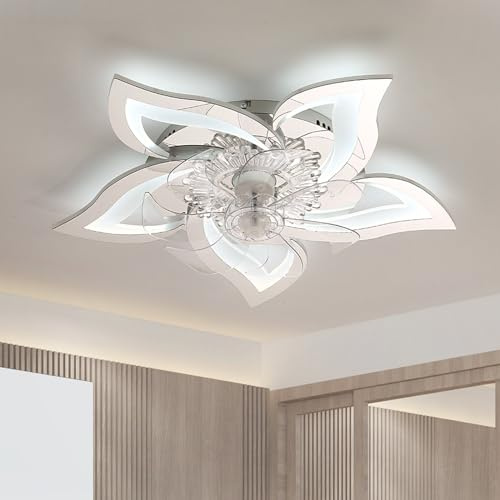 Caufloce Smart Ventilador De Techo Con Luz Y Mando A Distancia, Silencioso Lampara Ventilador LED Con Luz Regulable 6 Velocidades Reversibile Ventilador Techo Luz Para Cocina, Salón-White