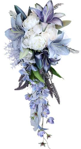 Fouriding Hochzeit Sträuße, Wasser Tropfen Wasserfall Braut künstliche Blumen Braut Rosen Strauß für Zeremonie Jahrestag Braut Dusche Party Hochzeit Dekoration Sträuße (Blau Violett)