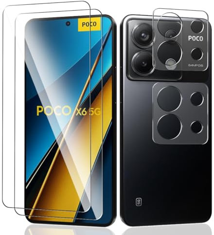 Teenrpov [2+2 Piezas Protector de Pantalla para Xiaomi Poco X6 5G, Cristal Templado para Poco X6 5G + Protector de Lente de Cámara, 9H Dureza Vidrio Templado para Xiaomi Poco X6 5G