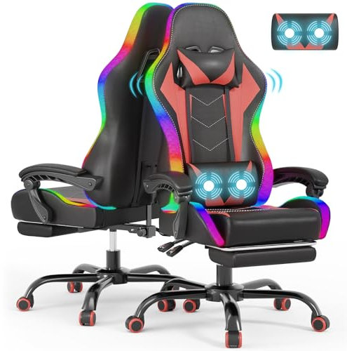 Devoko Silla Gaming con Masajeador y LED, Silla de Oficina Ergonómica con Reposapiés, Sillas Gaming para Oficina y Juegos con Iluminación RGB（Rojo）