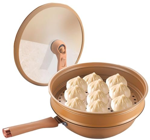 Bitong Wok Antiaderente Con Cesto Vapore, Padella Con Coperchio, Padella Wok Con Coperchio, Wok Antiaderente In Terracotta Con Cesto Vapore, Compatibile Con Fornello A Fuoco Aperto