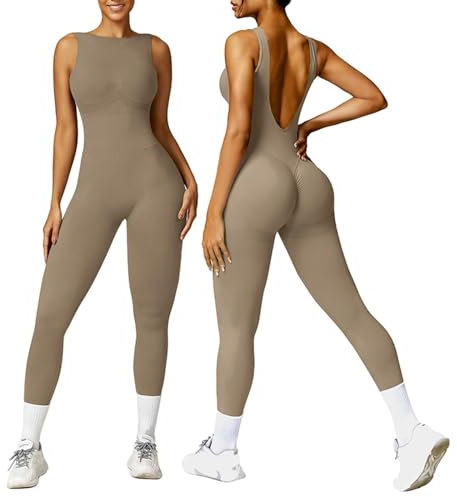 Lomelomme Damen Jumpsuit Flared Eng Scrunch Butt Bodysuit Lang Yoga Ärmellos Overall Sport Rückenfrei Einteiler Bootcut Onepiece Ganzkörperanzug Sexy Playsuits Gym Workout Bodycon Kaffee S