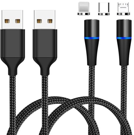 Magnético USB C Cable de Carga 3 en 1 Cable de Carga Magnético Trenzado de Nylon USB-C Cable Carga Rápida y Transferencia de Datos con LED para Micro USB/Tipo C/iProducts(1m, 2 paquetes)