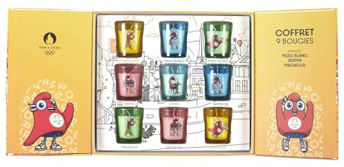 PARIS 2024, CJO6106, Lot de 9 Bougies Parfumées Mascotte en Coffret, Produit Officiel sous Licence, Senteurs : Musc blanc, Jasmin & Magnolia, Durée de combustion : 5 h
