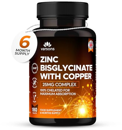 Zinc Bisglycinate 25mg with Copper - High Absorption Zinc Tablets for Immunity, Skin, Bones & Hair - 6 Month Supply, Vegan-Friendly, Made in The UK