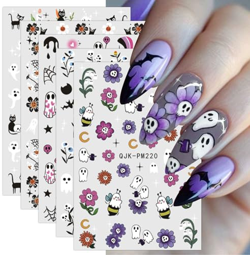 JMEOWIO 9 Sheets Halloween Nail Art Stickers Decals Self-Adhesive Cute Flower Ghost Nail Supplies Nail Art Design Decoration Accessories
