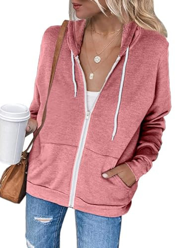 Jhsnjnr Sweat à capuche pour femme - Manches longues - Fermeture éclair - Pull en polaire - Sweat de sport - Sweat à capuche zippé, Rose, S
