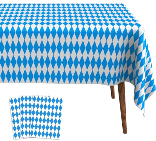 Oktoberfest Tischdecke Blau Weiß 3er Set 137x274 cm PVC Partydeko für Biergarten, Geburtstag Bayern Fest wasserdichte Plastiktischdecke mit Deko-Muster,Party Tischdecke