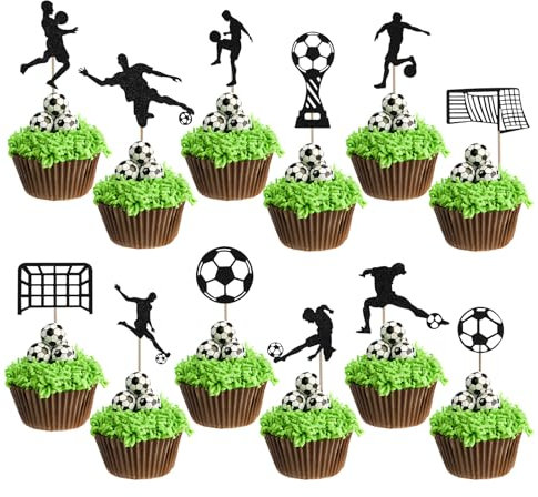 36PCS Football Cupcake Toppers, Glitter Non-Edible Cupcake Toppers, Soccer Themed Sports Cake Decorations for Birthday Sport Party Baby Shower(Black)