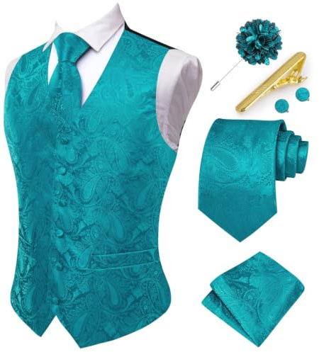 Hi-Tie Men's Suit Vest and Tie Set Formal Waistcoat V-Neck Paisley Vest and Tie Pocket Square Cufflinks Set for Wedding