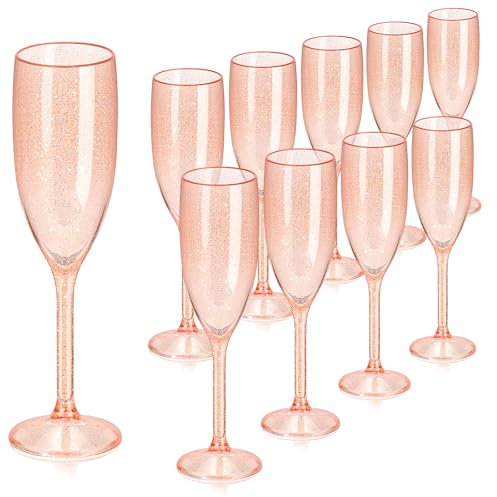 XUWAIDSGN 10 Pcs Champagne Flutes Plastic Wine Glasses Bulk Vintage Champagne Flutes Mimosa Bar Glasses Stemmed Drinking Cups 5.4OZ for Christmas Birthday Wedding Bride (10, Rose gold glitter)